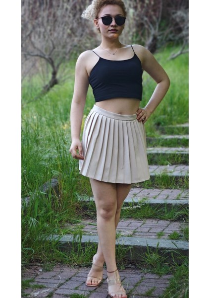 Yüksek Bel Pileli Deri Şort Etek Quzu