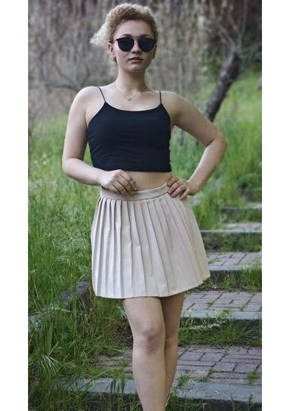 Yüksek Bel Pileli Deri Şort Etek Quzu indirimleri