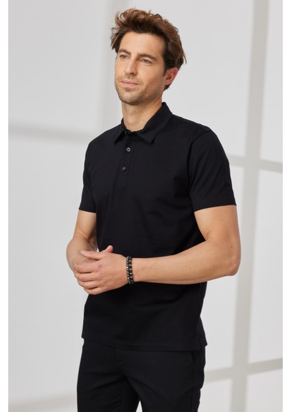 ALTINYILDIZ CLASSICS Erkek Siyah Slim Fit Dar Kesim Polo Yaka %100 Pamuk Tişört