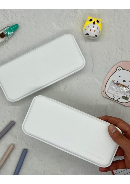 Sert Kapaklı Beyaz Kalem Kutu / Çanta / Pencil Box / Düzenleyici