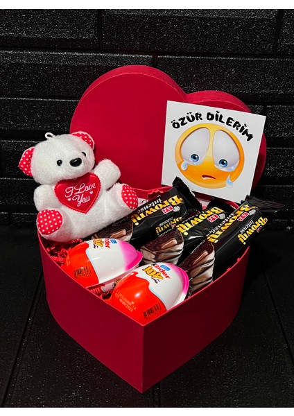 Ese - Sevgiliye Ozur Hediyesi Kalpli Beyaz Ayıcık - Browni Intense ve Kinder Joy Çikolatalar