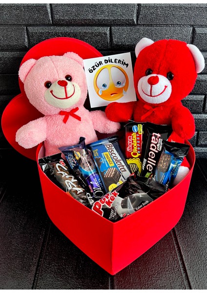 Özür Dilerim Hediyesi Kalp Kutuda 2 Ayıcık ve Bitter Çikolata Lezzetleri