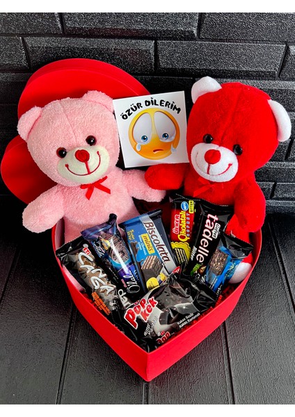 Özür Dilerim Hediyesi Kalp Kutuda 2 Ayıcık ve Bitter Çikolata Lezzetleri modelleri