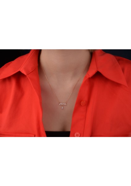 14 Ayar Rose Gold Baget ve Damla Taşlı Kolye