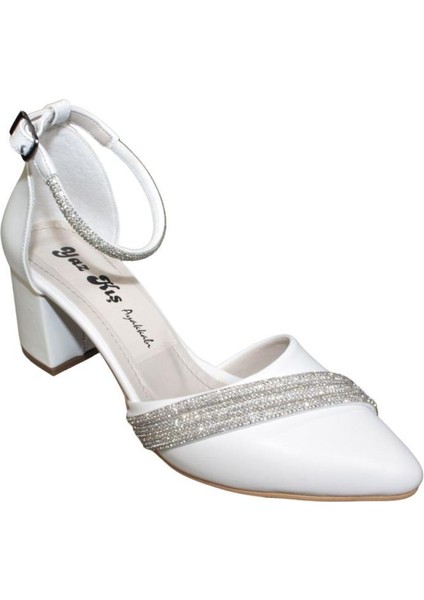 Yazkış Kadın Siyah Beyaz Üzeri Bileği Taşlı 5cm Kalın Topuk Karnıyarık Düğün Nişan Abiye Ayakkabı fiyatları