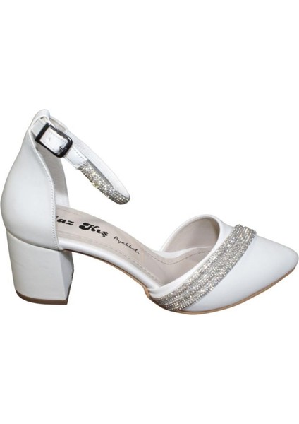 Yazkış Kadın Siyah Beyaz Üzeri Bileği Taşlı 5cm Kalın Topuk Karnıyarık Düğün Nişan Abiye Ayakkabı fırsatları