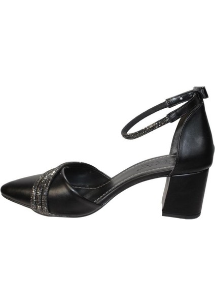 Yazkış Kadın Siyah Beyaz Üzeri Bileği Taşlı 5cm Kalın Topuk Karnıyarık Düğün Nişan Abiye Ayakkabı indirimleri