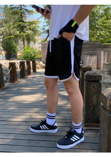 Erkek Siyah Basketbol Çizgili Şort Atletik Fitness Spor Egzersizi Koşu Spor Hızlı Kuruyan Bermuda