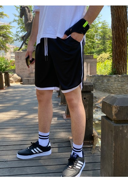 Erkek Siyah Basketbol Çizgili Şort Atletik Fitness Spor Egzersizi Koşu Spor Hızlı Kuruyan Bermuda indirimleri