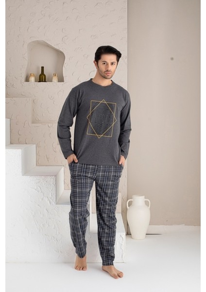 Erkek Uzun Baskılı Cepli Pijama Takımı Yüzde Yüz Pamuk Erkek Pijama Takımı