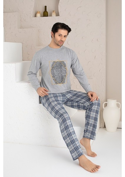 Erkek Uzun Baskılı Cepli Pijama Takımı Yüzde Yüz Pamuk Erkek Pijama Takımı