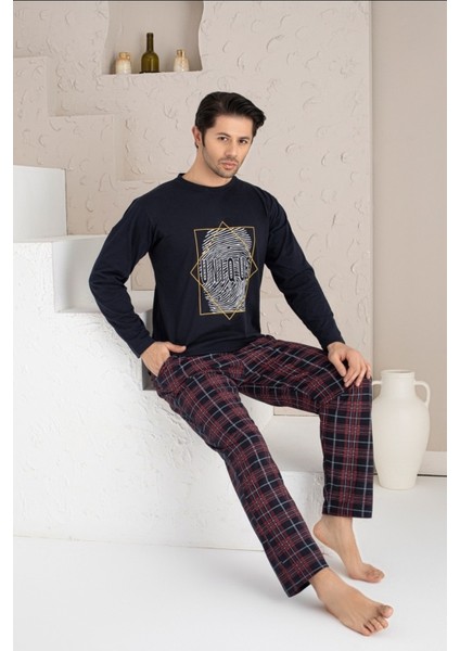 Erkek Uzun Baskılı Cepli Pijama Takımı Yüzde Yüz Pamuk Erkek Pijama Takımı