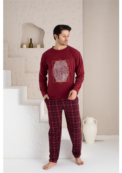 Erkek Uzun Baskılı Cepli Pijama Takımı Yüzde Yüz Pamuk Erkek Pijama Takımı