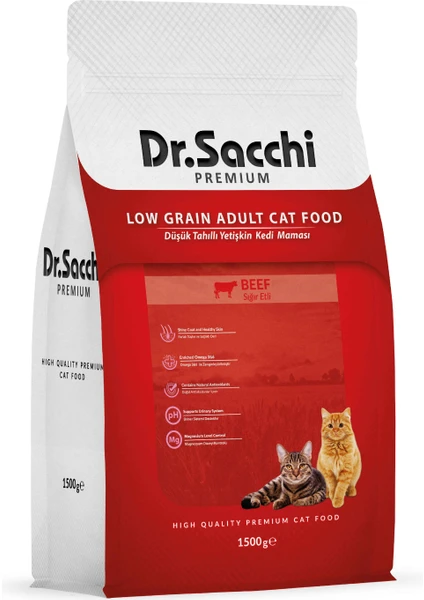 Dr.sacchi Premium Düşük Tahıllı Sığır Etli Kedi Maması 1,5 kg