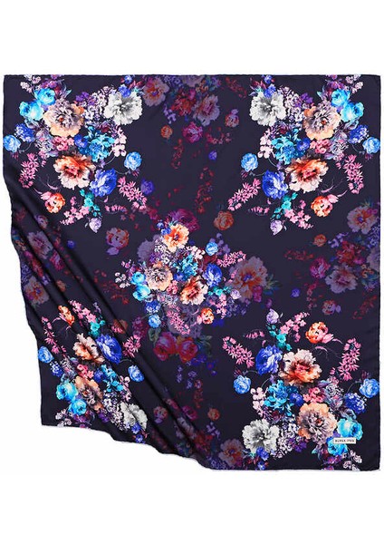 Lacivert Begonya Desen Ipeksi Eşarp