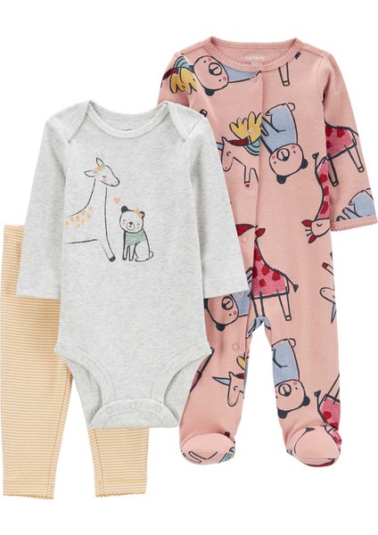 Kız Bebek Tulum Body Pantolon Set 3'lü Paket