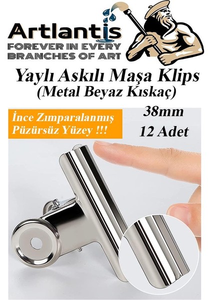 Yaylı Askılı Maşa Klips 38 mm 12 Adet Metal Beyaz Kıskaç 140 Yaprak Kapasiteli Pürüzsüz Mandal Kıskac