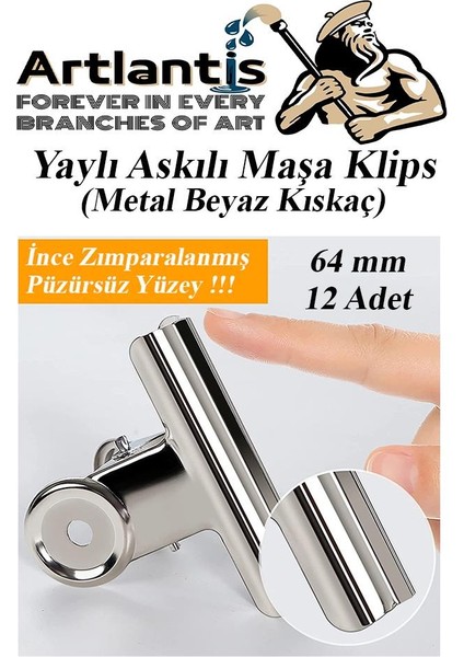 Yaylı Askılı Maşa Klips 64 mm 12 Adet Metal Beyaz Kıskaç 140 Yaprak Kapasiteli Pürüzsüz Mandal Kıskac