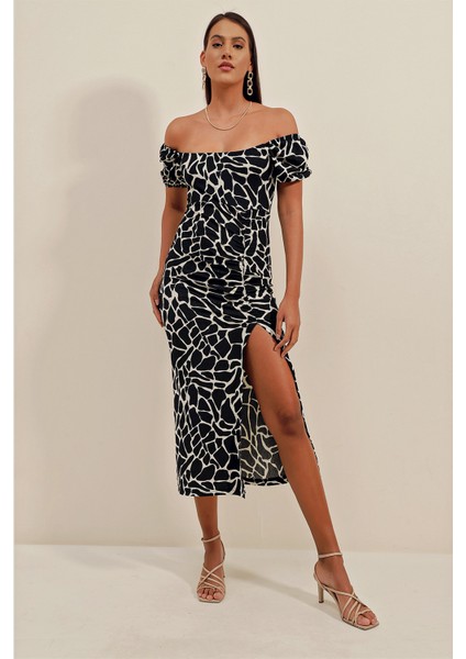 2396 Yırtmaçlı Yazlık Örme Elbise - A.siyah