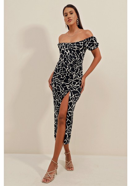 2396 Yırtmaçlı Yazlık Örme Elbise - A.siyah fiyatları