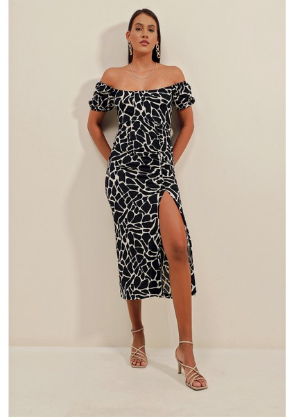 2396 Yırtmaçlı Yazlık Örme Elbise - A.siyah fırsatları