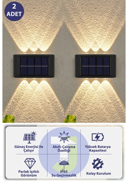 Modern Solar Güneş Enerjili 6 Ledli Bahçe Aydınlatması Aplik Sarı Işık LED Lamba (2 Adet)