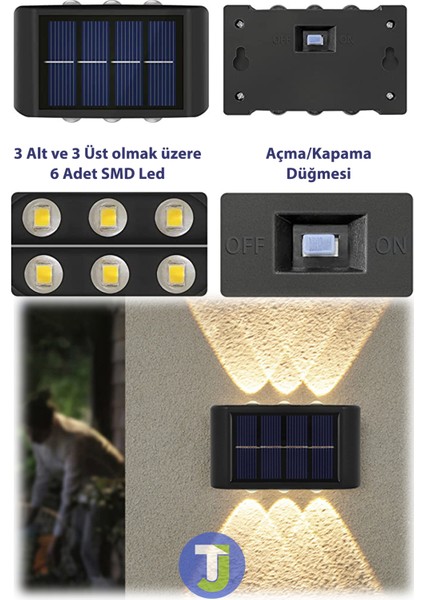 Modern Solar Güneş Enerjili 6 Ledli Bahçe Aydınlatması Aplik Sarı Işık LED Lamba (2 Adet)