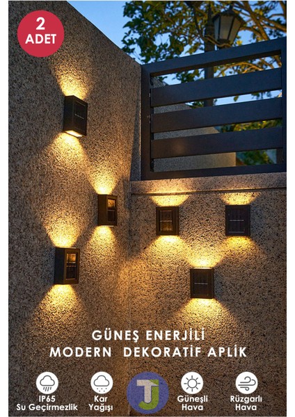 2 Adet Modern Solar Güneş Enerjili 4 Ledli Bahçe Aydınlatması Aplik Sarı Işık LED Lamba