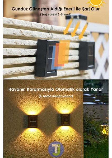 Çift Taraflı Modern Solar Güneş Enerji Bahçe Aydınlatma Aplik Sarı Işık LED Lamba (2 Adet)