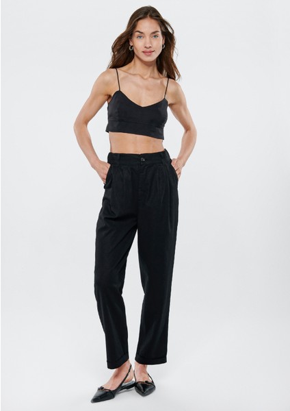 Kadın Keten Karışımlı Siyah Pantolon 1010127-900