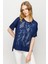 Kadın Sıfır Yaka Önü File Baskılı Penye T-Shirt Lacivert 1