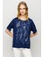 Kadın Sıfır Yaka Önü File Baskılı Penye T-Shirt Lacivert 2