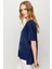Kadın Sıfır Yaka Önü File Baskılı Penye T-Shirt Lacivert 4