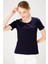 Kadın Sıfır Yaka Kısa Kol Pamuk Kaşkorse T-Shirt Lacivert 2