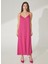 V Yaka Düz Fuşya Maksi Kadın Elbise Apel 3