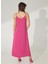 V Yaka Düz Fuşya Maksi Kadın Elbise Apel 4