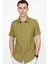 Slim Fit Kısa Kol Cepli Biyeli Flam Pamuk Haki Gömlek 1