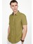 Slim Fit Kısa Kol Cepli Biyeli Flam Pamuk Haki Gömlek 2