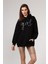 Fancy Kadın Kapüşonlu Yazı Nakışlı Kanguru Yumuşacık İçi Pamuklu Oversize Siyah Sweatshirt 1