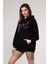 Fancy Kadın Kapüşonlu Yazı Nakışlı Kanguru Yumuşacık İçi Pamuklu Oversize Siyah Sweatshirt 2