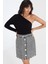 Kadın Siyah Düğme Detaylı Kazayağı Desenli Mini Kısa Triko Body 4