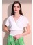 Kadın Beyaz Kısa Kol Yeni Moda Gipeli Kruvaze Lazer Kesim Detaylı Yaka Kısa Crop Bluz 5