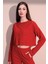Kadın Kırmızı Uzun Kol Kendinden Dokulu Cepli Crop Sweatshirt, Salaş Kesim Bluz 1