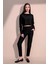 Kadın Siyah Kendinden Dokulu Cepli Crop Sweatshirt, Salaş Kesim 2