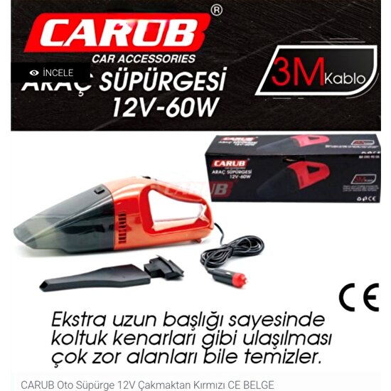 Carub Oto Süpürge 12V 60W Çakmaktan Ce Belgeli KIRMIZI-BR0909005