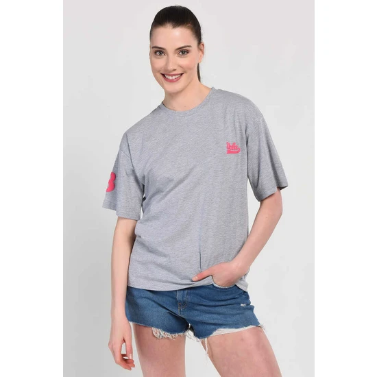 Ucla Paradıso Gri Bisiklet Yaka Baskılı Kadın Tshirt