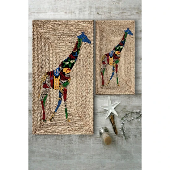 Cappio Halı Renkli Zürafa Desenli Jüt 2'li Halı Takımı (60 x 100 - 40 x 60) - ESTA1228
