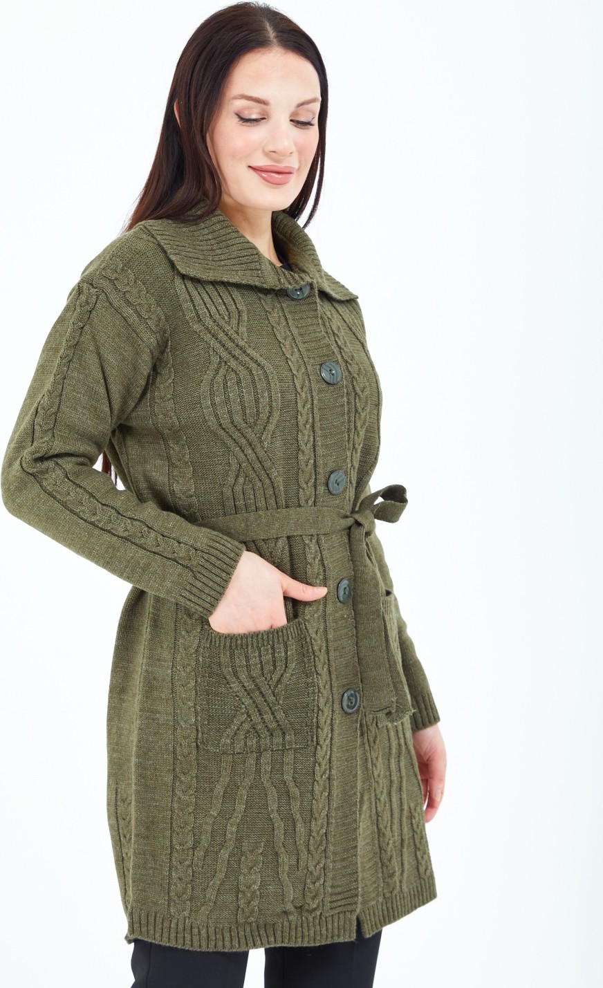 Elçelya Moda Kadın Haki Yeşil Yakalı Düğmeli Cepli Kuşaklı Örme Triko Yün Uzun Hırka görsel 4