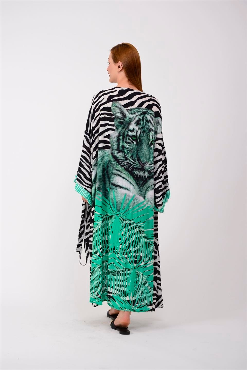 Bohem Stil Özel Tasarım Mavi Tıger Baskılı Boho Kimono Kaftan
