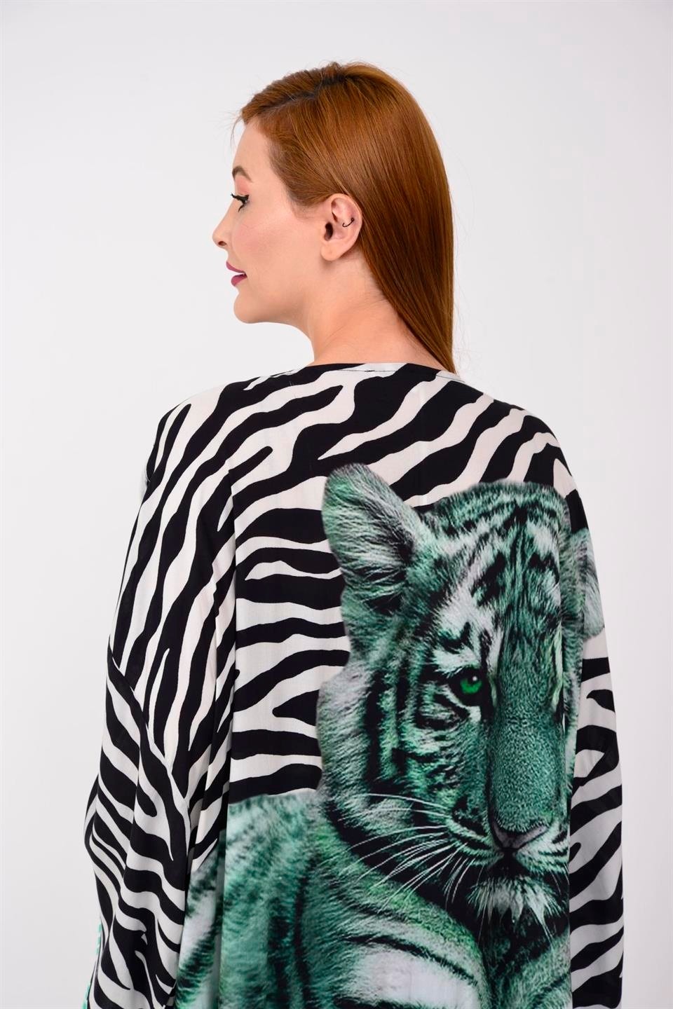 Bohem Stil Özel Tasarım Mavi Tıger Baskılı Boho Kimono Kaftan görsel 2